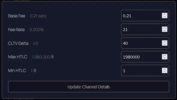 Fenêtre pour modifier les frais pour un canal avec l’app ThunderHub